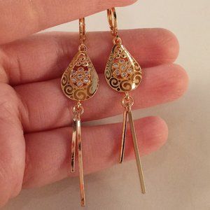 18K Yellow Gold Filled Flower Laser Carved Diamond Zircon Tassel Dangle Earrings